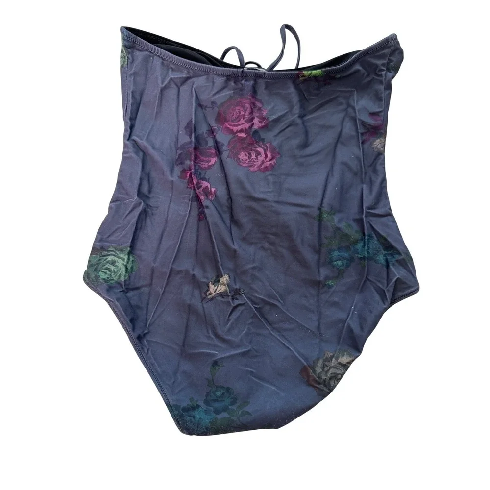 GANNI Strapless Ruched Floral One Piece Swimsuit Slate Grey Blue Size Small‎
